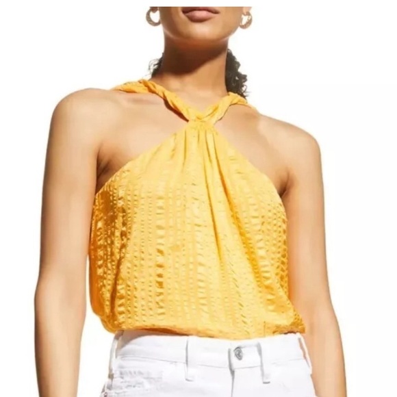 Frame Denim Tops - Frame Draped Crinkle Silk Halter Neck Top in Kumquat Yellow